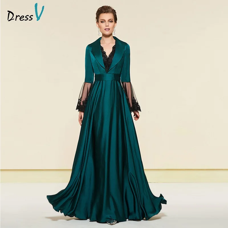 Dressv элегантное изумрудное платье с длинными рукавами и v-образным вырезом для матери невесты длинное вечернее платье на молнии в пол на заказ - Цвет: emerald