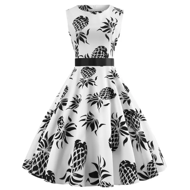 New retro dress temperament round neck sleeveless print black ribbon waist large swing dresses for womans |