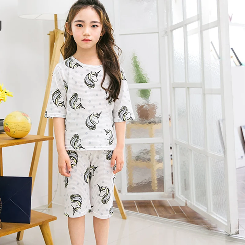 

Children cotton boys girls short sleeve shorts white summer home round neck cartoon printed pajamas on sale 61010