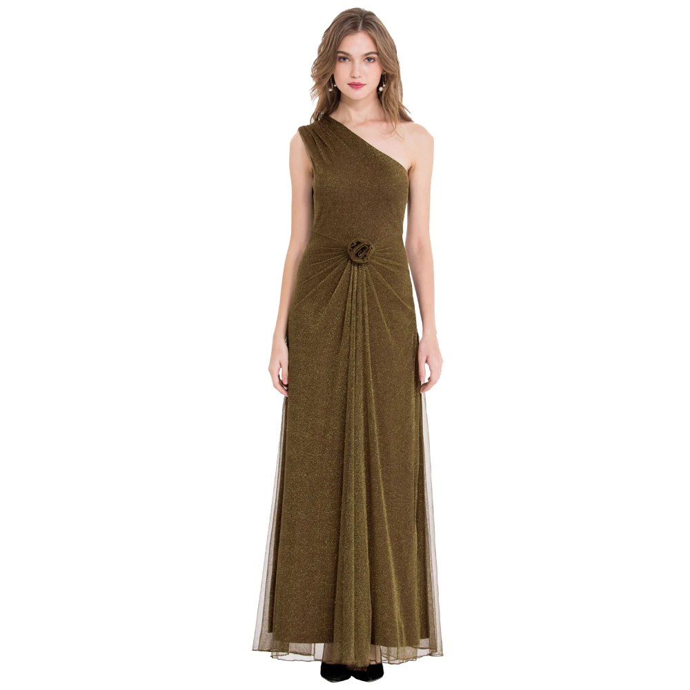 

Angel-fashions One Shoulder Ball Gown Pleated Beading Flower Split A-Line Formal Party Long Evening Dress Brown 429