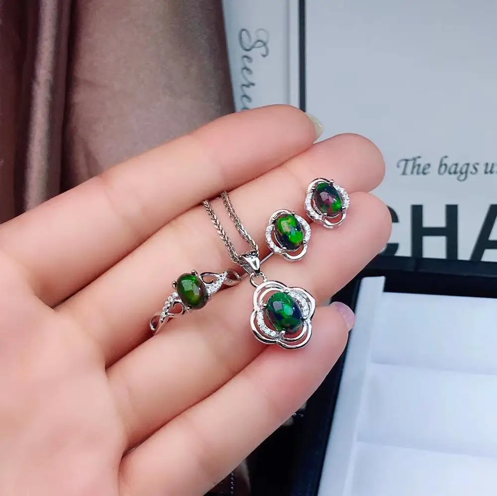 KJJEAXCMY boutique jewelry 925 sterling silver inlaid natural gemstone black Opal female ring necklace pendant earrings set supp | Украшения