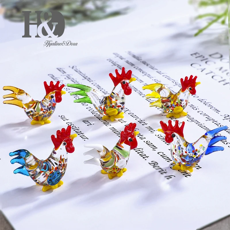 H&D Set of 6,Handmade Mini Cock Art Glass Blown Animal Figurine Murano Style Collectible Gifts Sculpture Home Table Decoration
