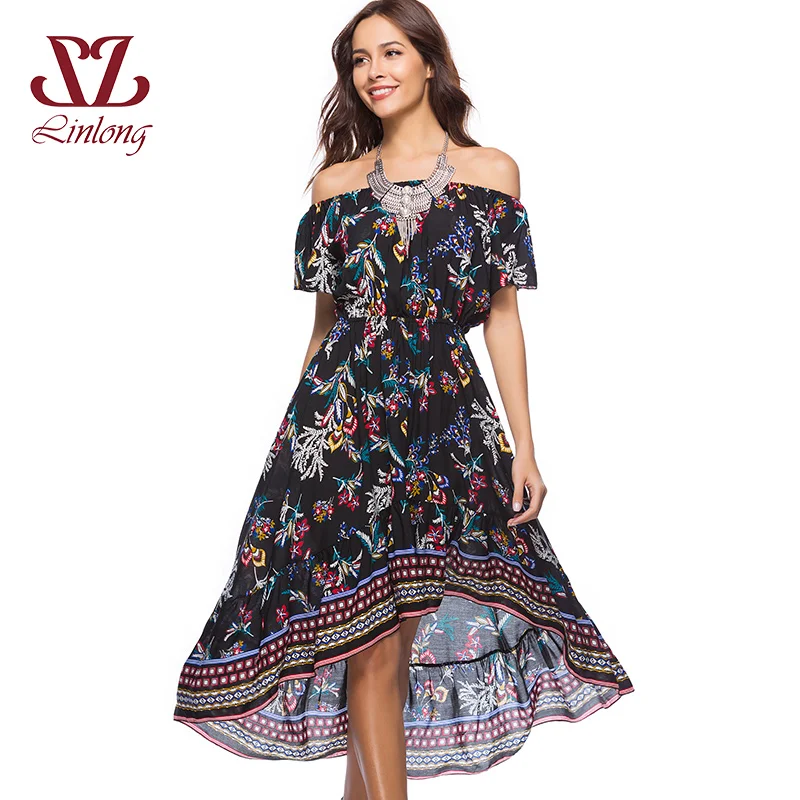 Linlong Для женщин Лето печати Платье До Колена 2018 богемные цветочный Обёрточная