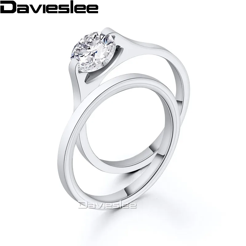 Davieslee Womens Girls Solitaire Ring Set Stainless Steel Fashion Round Cut Rhinestone Gold Silver Tone 4mm LKR116 | Украшения и