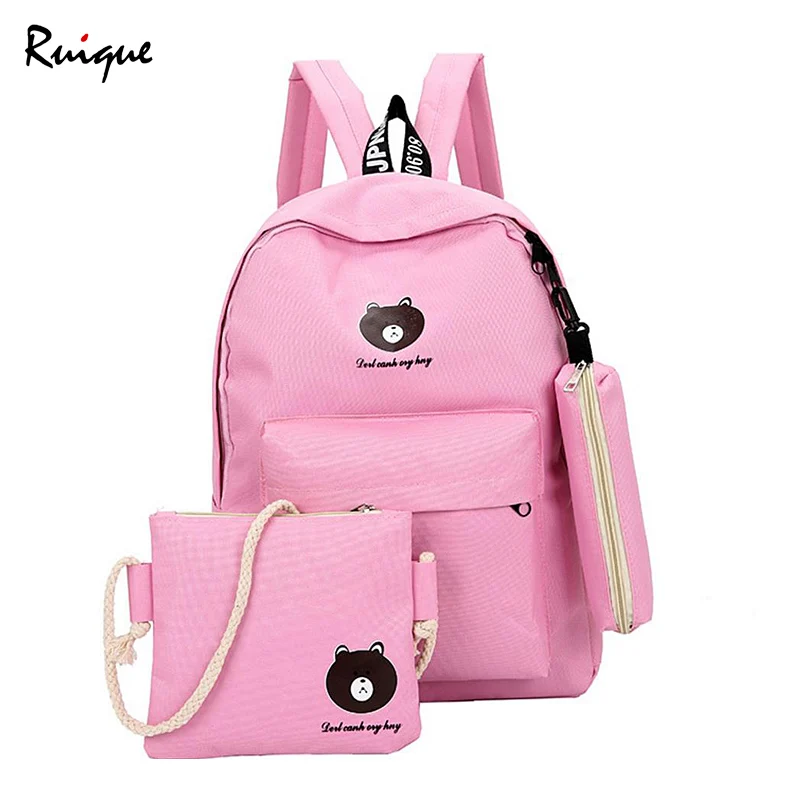 

Ruique Women Fashion Canvas Backpack Girls 3pcs Set Cute Bear Cartoon New School Bag Teenage Casual Large Capacity Travel Bag
