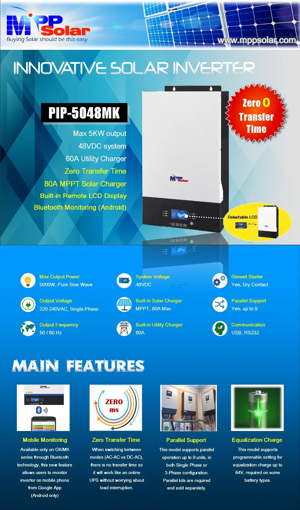 MK) 10 кВт солнечный инвертор 230vac 48vdc+ 80A MPPT Солнечное зарядное устройство+ зарядное устройство 60A+ нулевое время передачи(PIP5048MK* 2