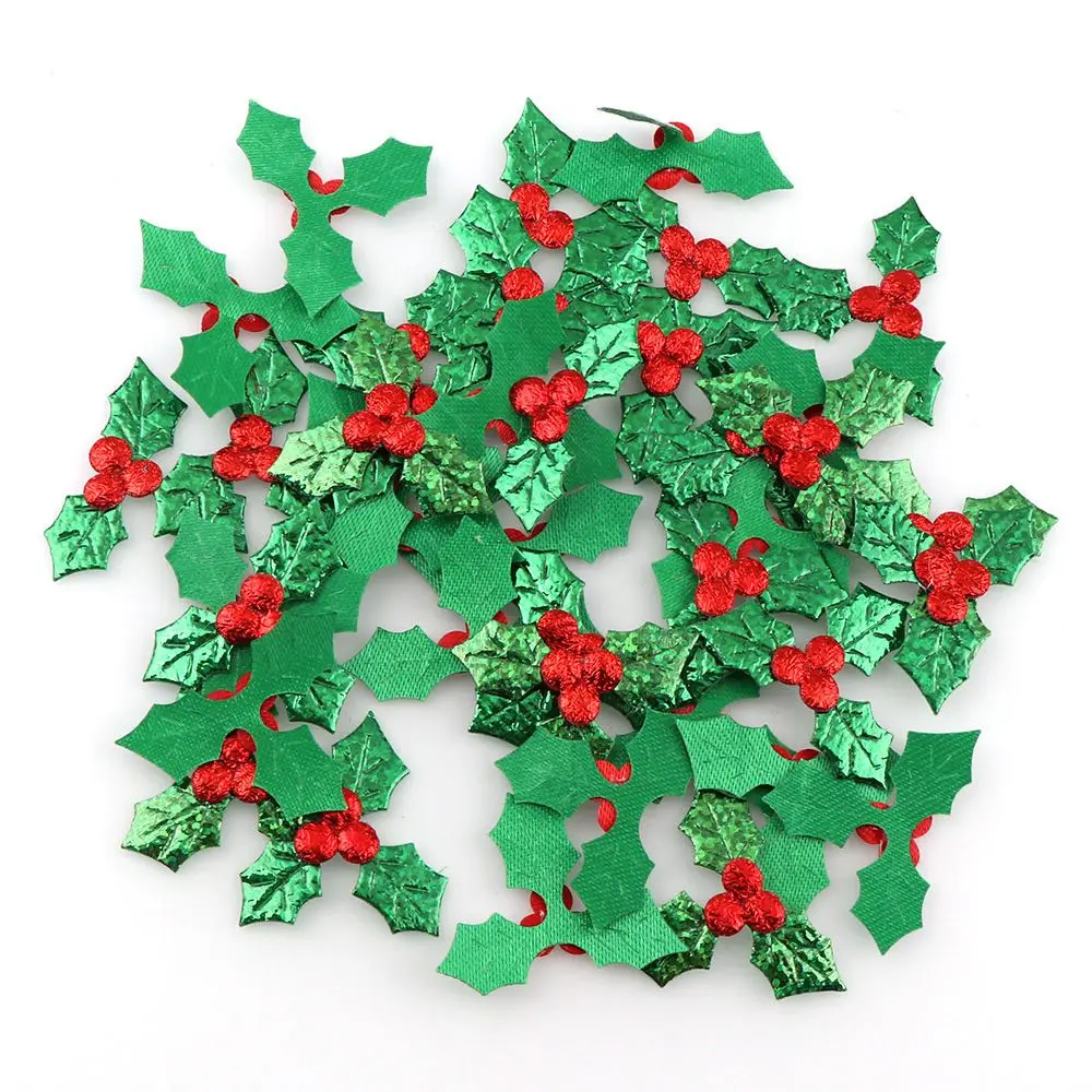 

100pcs Table Decoration Holly Berries and Leaves Appliques for Christmas Decoration ,Stick-on DIY Laser Green Color