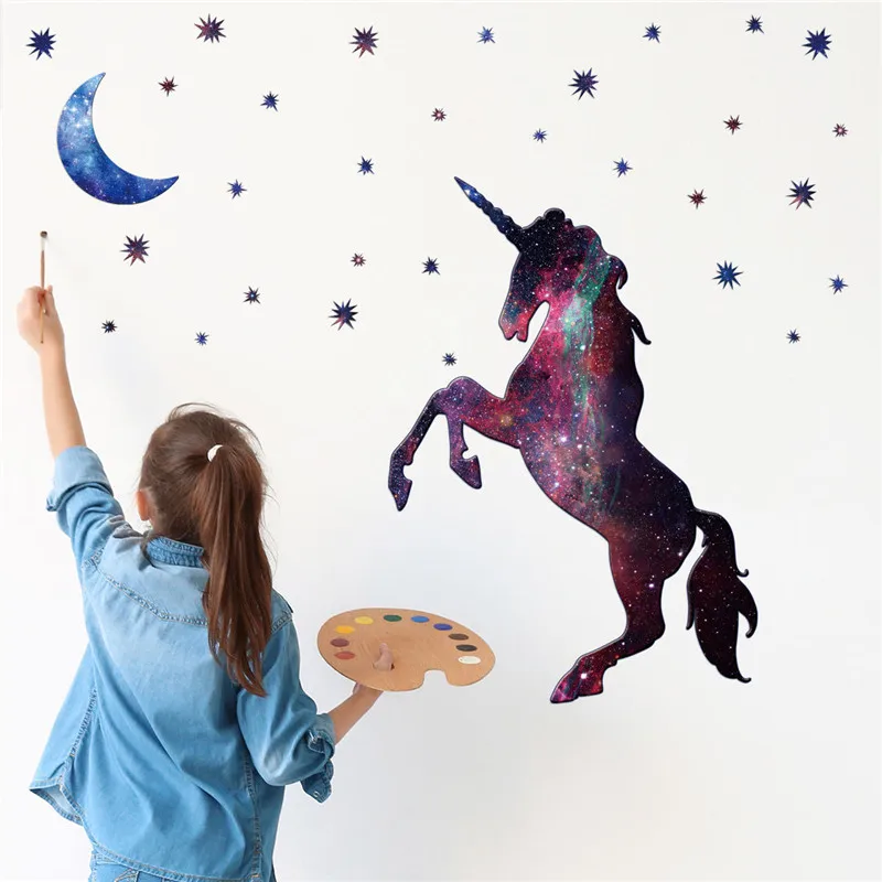 PVC Galaxy Dream Unicorn Wall Sticker For Kids Rooms Star Moon Night Sky Animals Decorative Children Bedroom Decor DIY for | Дом и сад