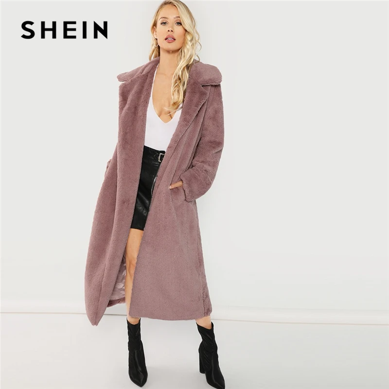 SHEIN Длинное Пальто Тедди, Длинное Пальто Из Эко Меха, Верхняя Женская Одежда Из Это Меха