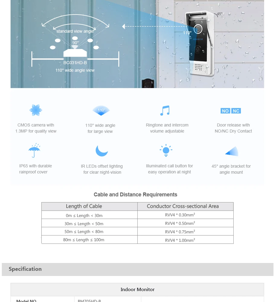 HOMSECUR " проводной AHD1.3MP видео и аудио умный дверной звонок с детектором движения, передача вызова, ИК ночного видения(BC031HD-B+ BM705HD-B