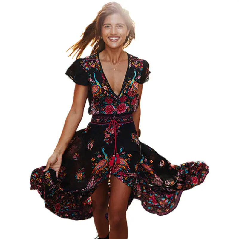 Лето Boho платье Etehnic Sexy печати Ретро Винтаж с бахромой пляжное в богемном стиле