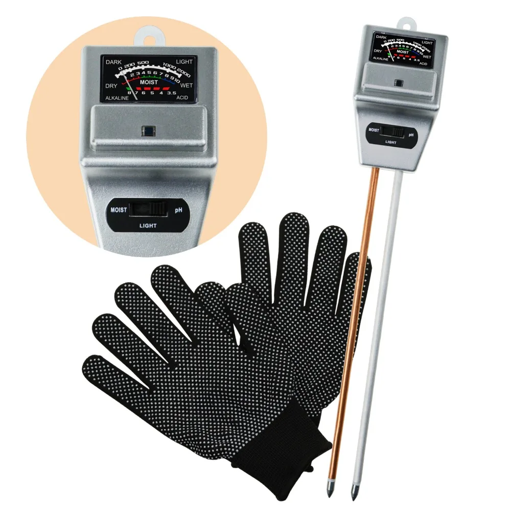 

Soil pH, Moisture & Light Meter 3 Way Tester Kit (Silver & Green with FREE Gloves) for Garden Farm Lawn Household Indoor Outdoor