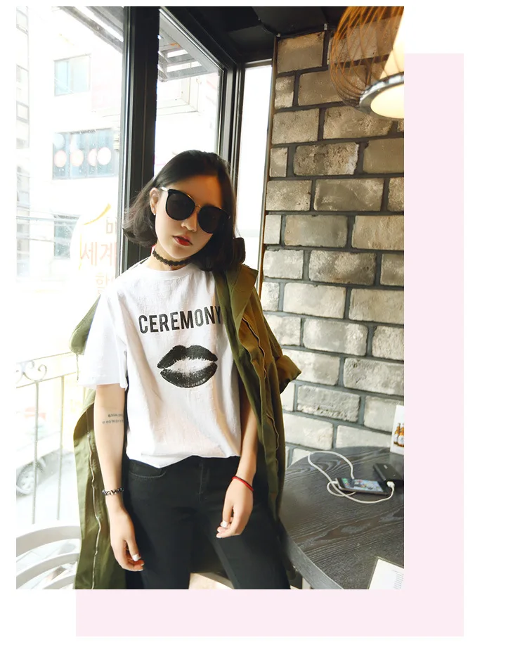 ECTTCWomen Красный Черный Губы Печати Помада Футболка С Коротким Рукавом Футболки