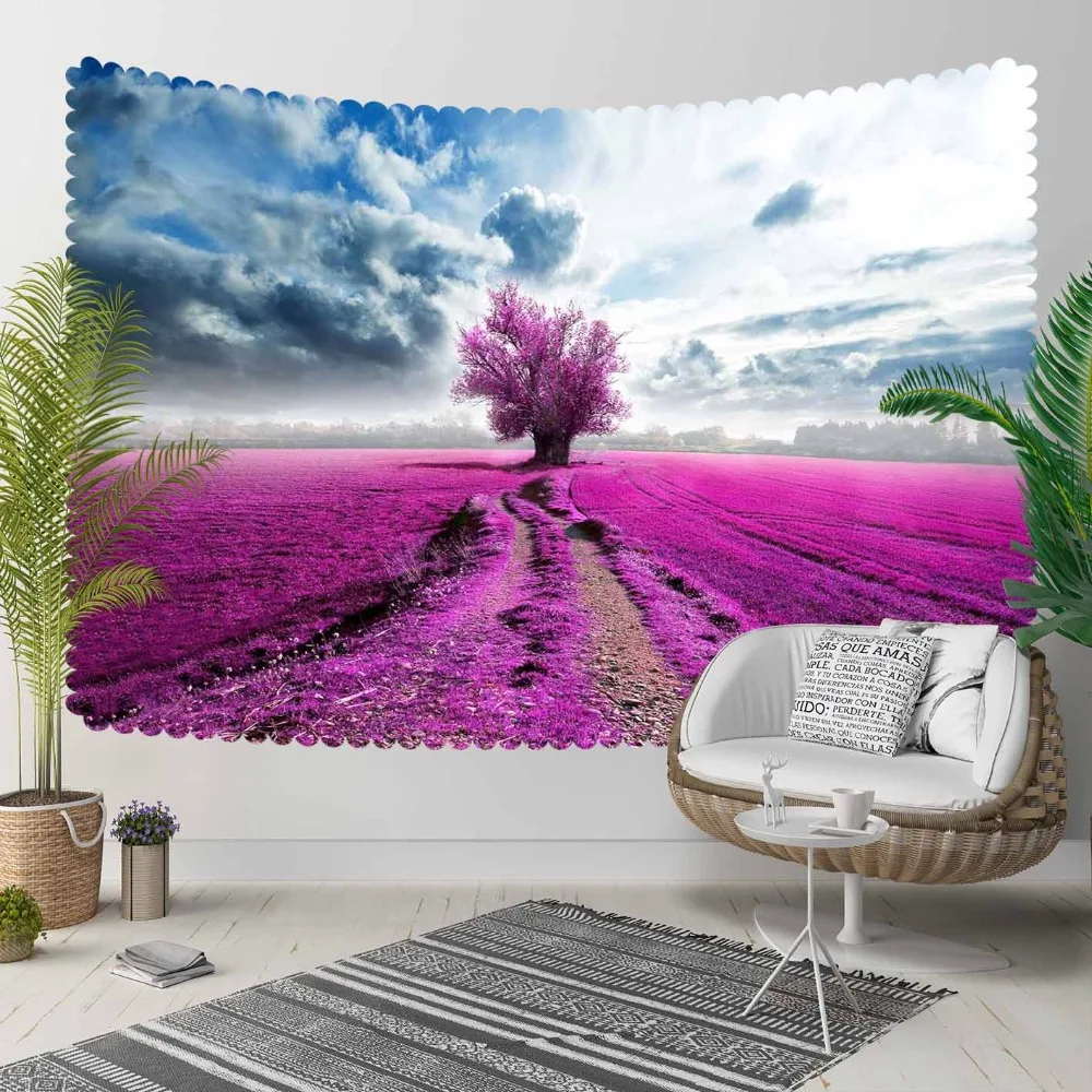 

Else Blue Sky Purple Lavender Farms Flowers on Tree 3D Print Decorative Hippi Bohemian Wall Hanging Landscape Tapestry Wall Art
