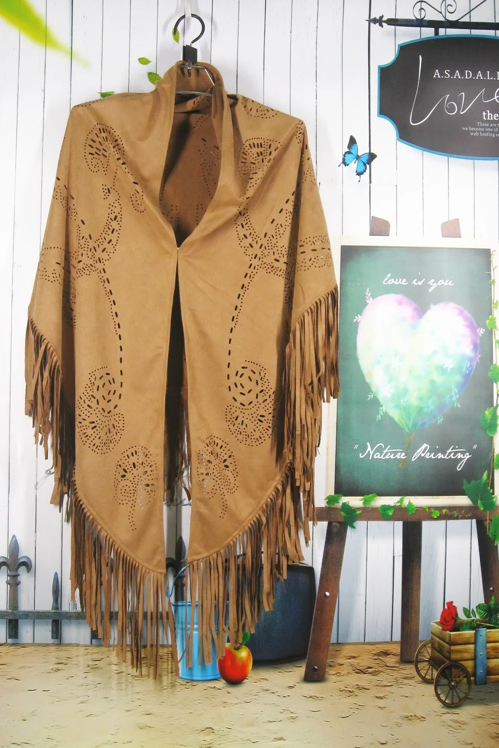 H80&ampS90 Women Suede Scarf Triangle Shawl Tassel Scarves Retro Hollow Geometric Big Size Fashion Pashmina for Lady |