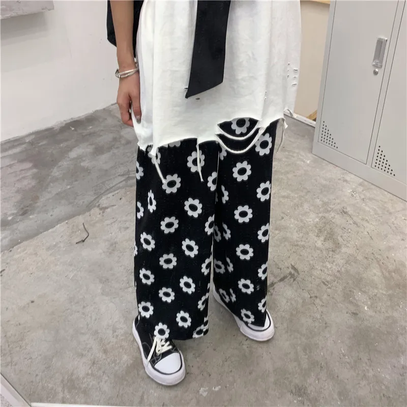 New Summer Daisy Flower Print Pants Korean Version Harajuku Style Loose Pants Full Length Pants Streetwear Wide Leg Pants