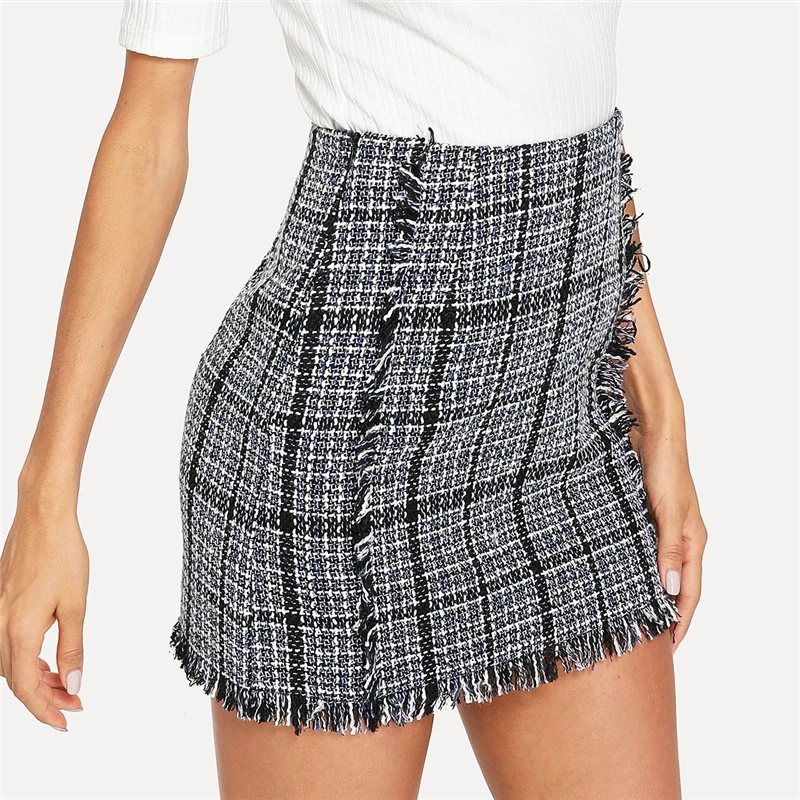 SHEIN Твидовая Юбка В Клетку С Необработанным Краем Женская Зимняя Повседневная Юбка С Середины Талии