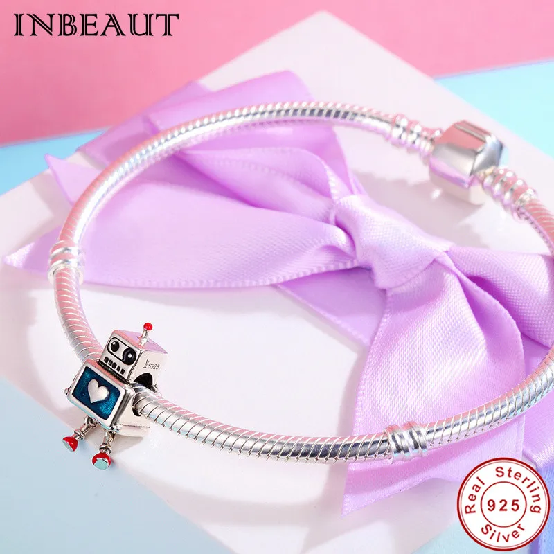 New DIY 925 Sterling Silver Heart Carved High Technology Cute Small Robot Charm Beads fit Trendy Bracelet for Women Anniversary | Украшения