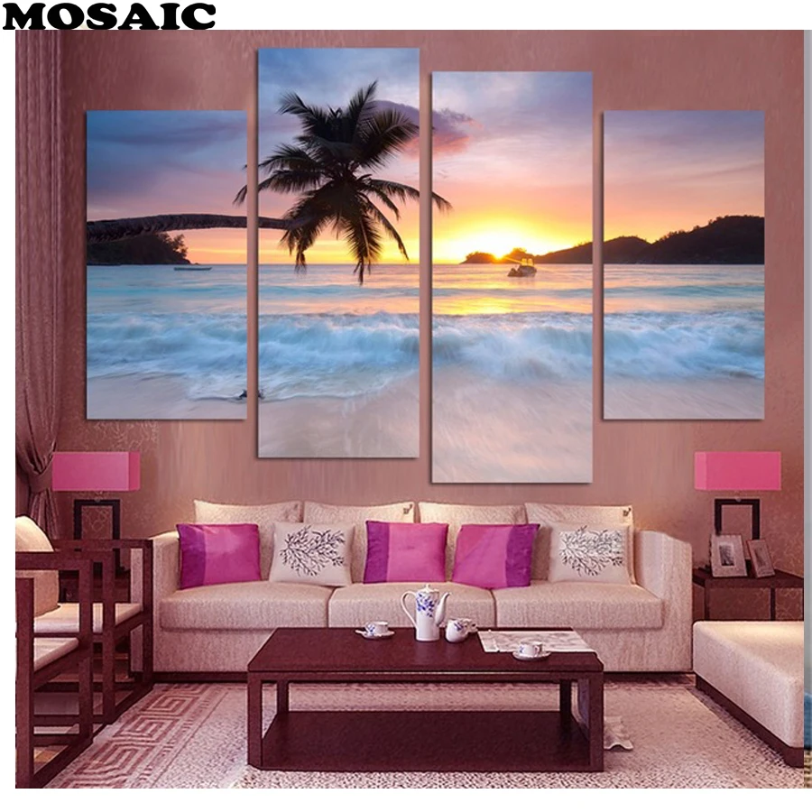 

full square diamond mosaic pictures Ocean/sunrise/beach/4pcs diamond painting,DIY Diamond Embroidery crafts home decoration,