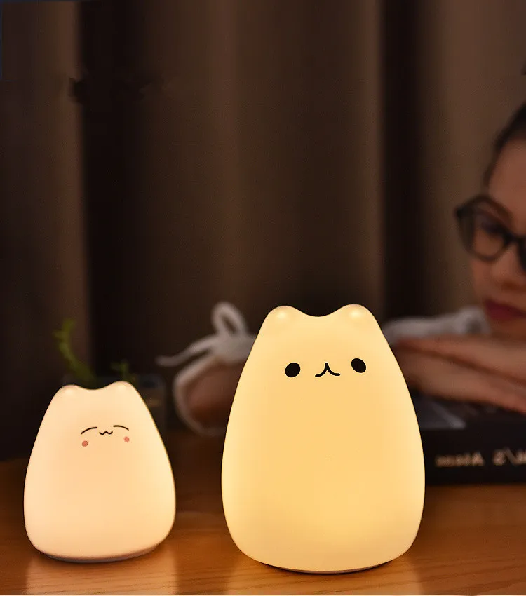 Милые животные, маленький кот, сенсорный датчик, светодиодный ночник, USB Перезаряжаемый, мягкий силиконовый ночник, Подарочная декоративная лампа