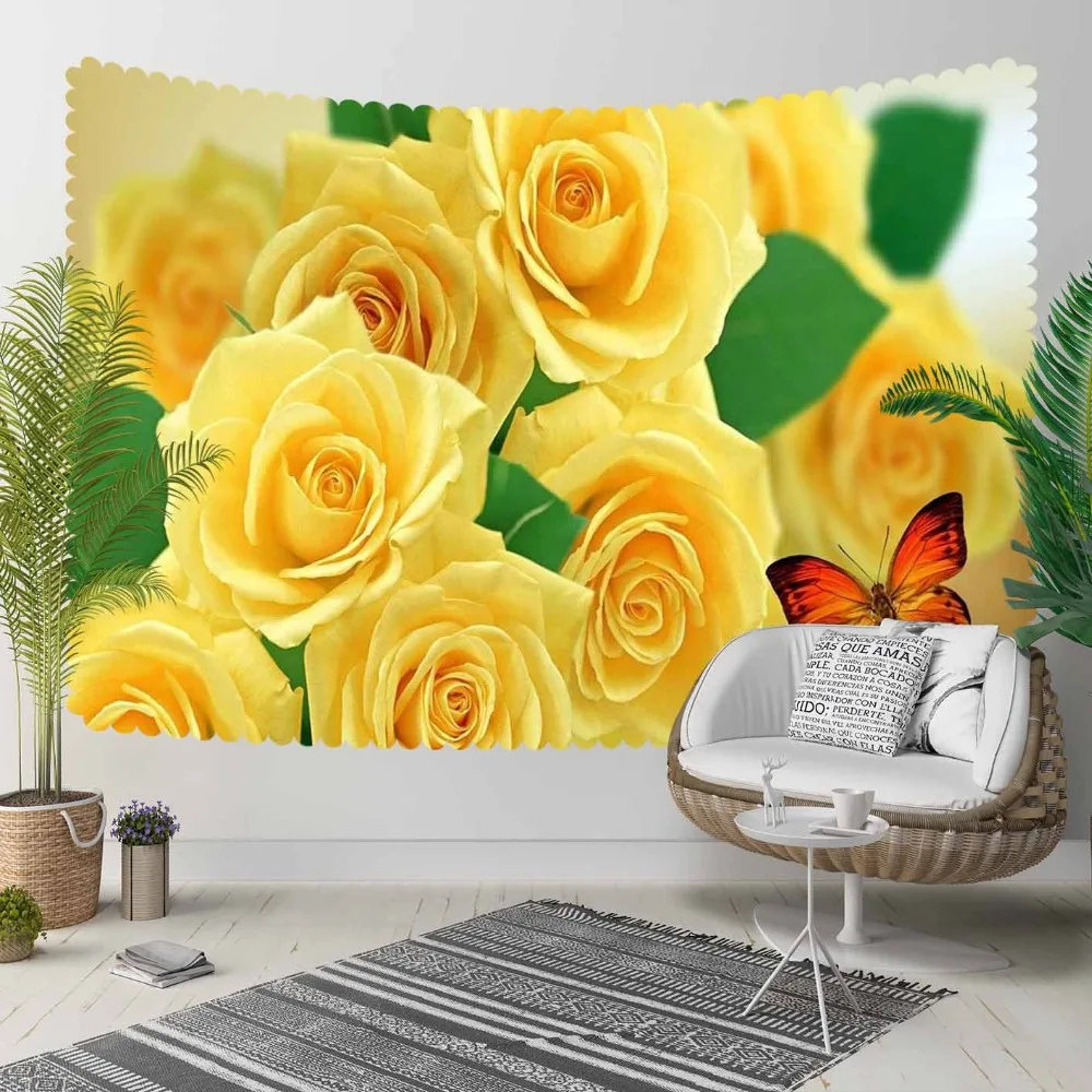 

Else Yellow Roses Green Leaf Flower Orange Butterfly 3D Print Decorative Hippi Bohemian Wall Hanging Landscape Tapestry Wall Art
