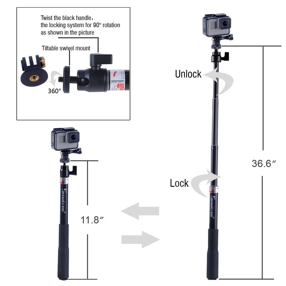 Селфи палка Smatree Q3 со штативом для экшн камер GoPro Hero 8/7/6/5 Ricoh Theta S M15 сотовых