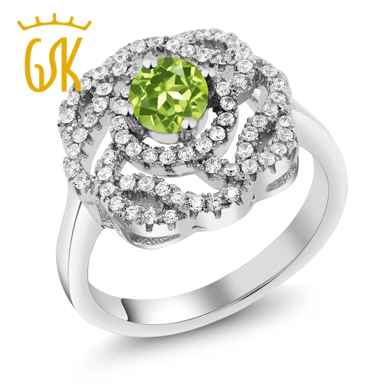 1.63 КТ круглой Зеленый Перидот 925 Серебряный цветок Форма кольцо|ring ring|ring 925ring shape |