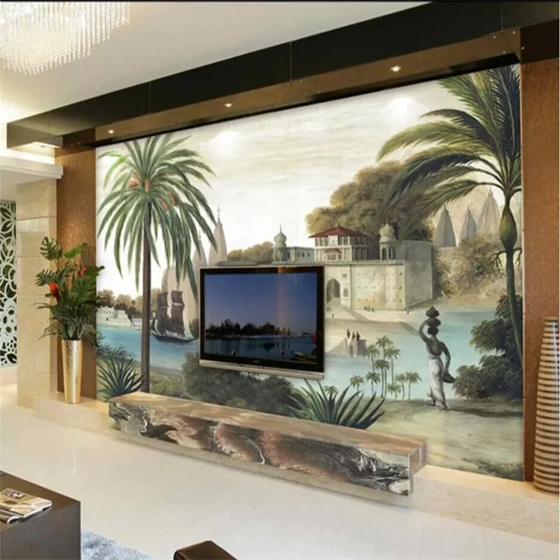 

Custom Mural Wallpaper Retro Style Hand Drawn Castle Rural Landscape Background Wall Painting