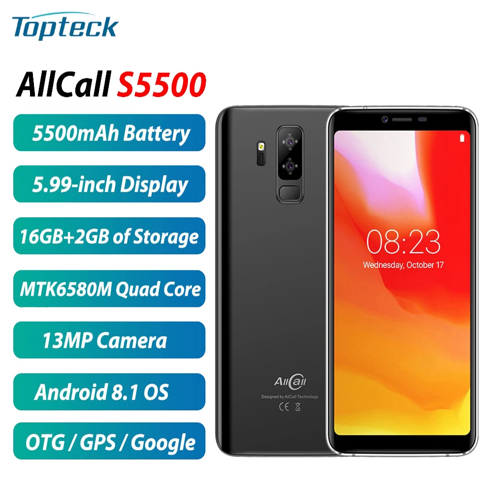 AllCall S5500 мобильный телефон 5,99 дюймов Android 8,1 2+16GB 5500 мАч батарея MTK6580M 4 ядра 13MP камера OTG 3G смартфон