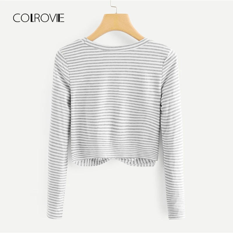 COLROVIE серая рабочая одежда с крученым подолом, полосатая женская футболка, новинка, Осенние повседневные пуловеры, топ, футболка, Хлопковая женская одежда