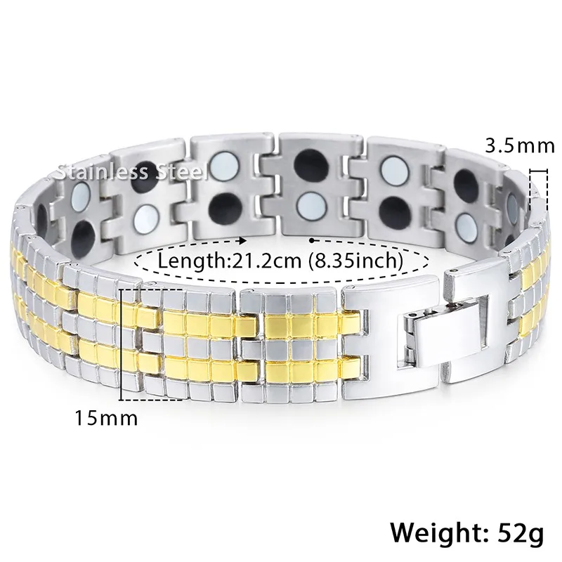 Магнитный мужской браслет золотого и серебряного цвета из нержавеющей стали