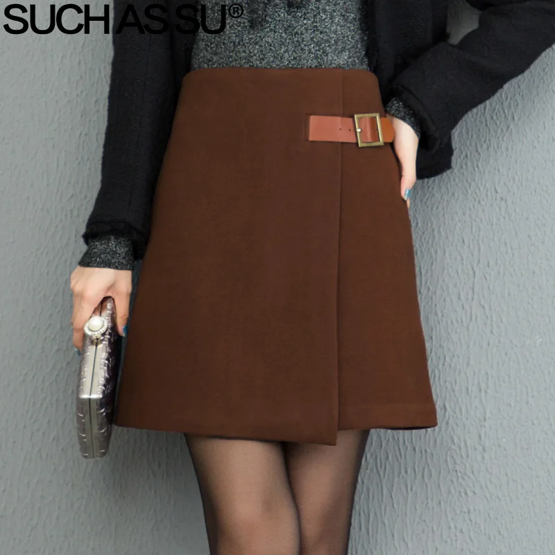Brown Skirt Осень-зима, шерстяные юбки для женщин,, черные, коричневые, с поясом, прошитая, Мини, трапециевидная, асимметричная юбка, S-3XL, для девушек, нестандартная юбка - Цвет: Brown Skirt