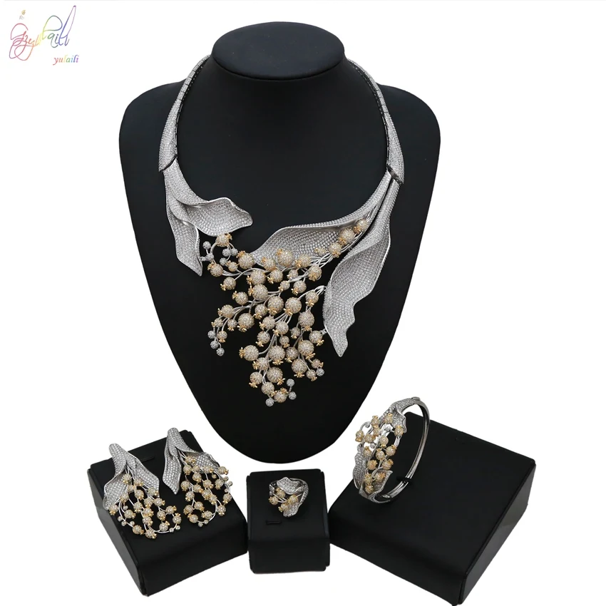 Gold Silver Mix Yulaili, модные роскошные серьги в форме сердца и стрелы из кубического циркония, свадебные женские серьги, ожерелье, высокое качество, наборы свадебных ювелирных изделий - Окраска металла: Gold Silver Mix