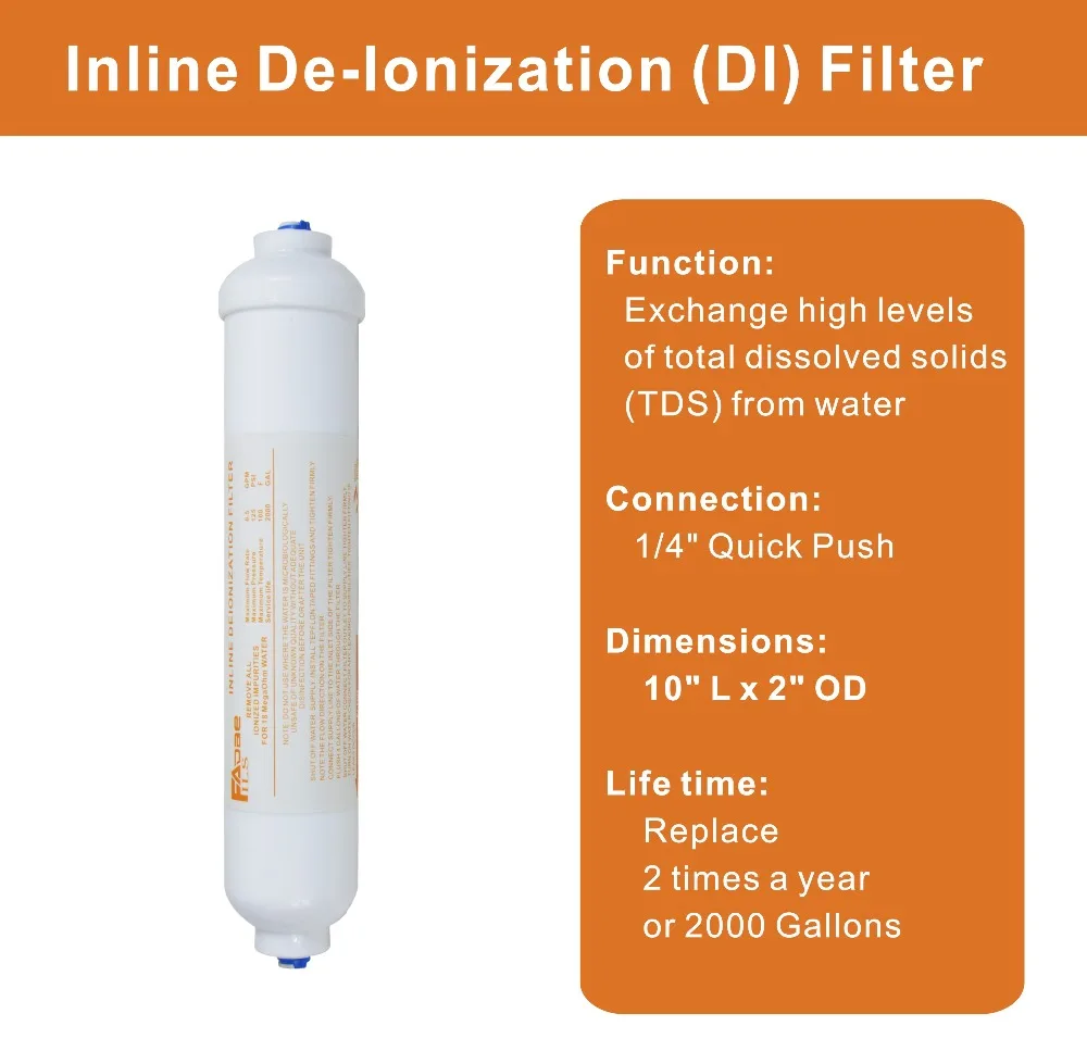 2" OD x 10-Inch Replacement Inline Deionization (DI) Water Filters for Universal RO/DI Systems 1/4" QuickPush Connector(4+1FREE) |