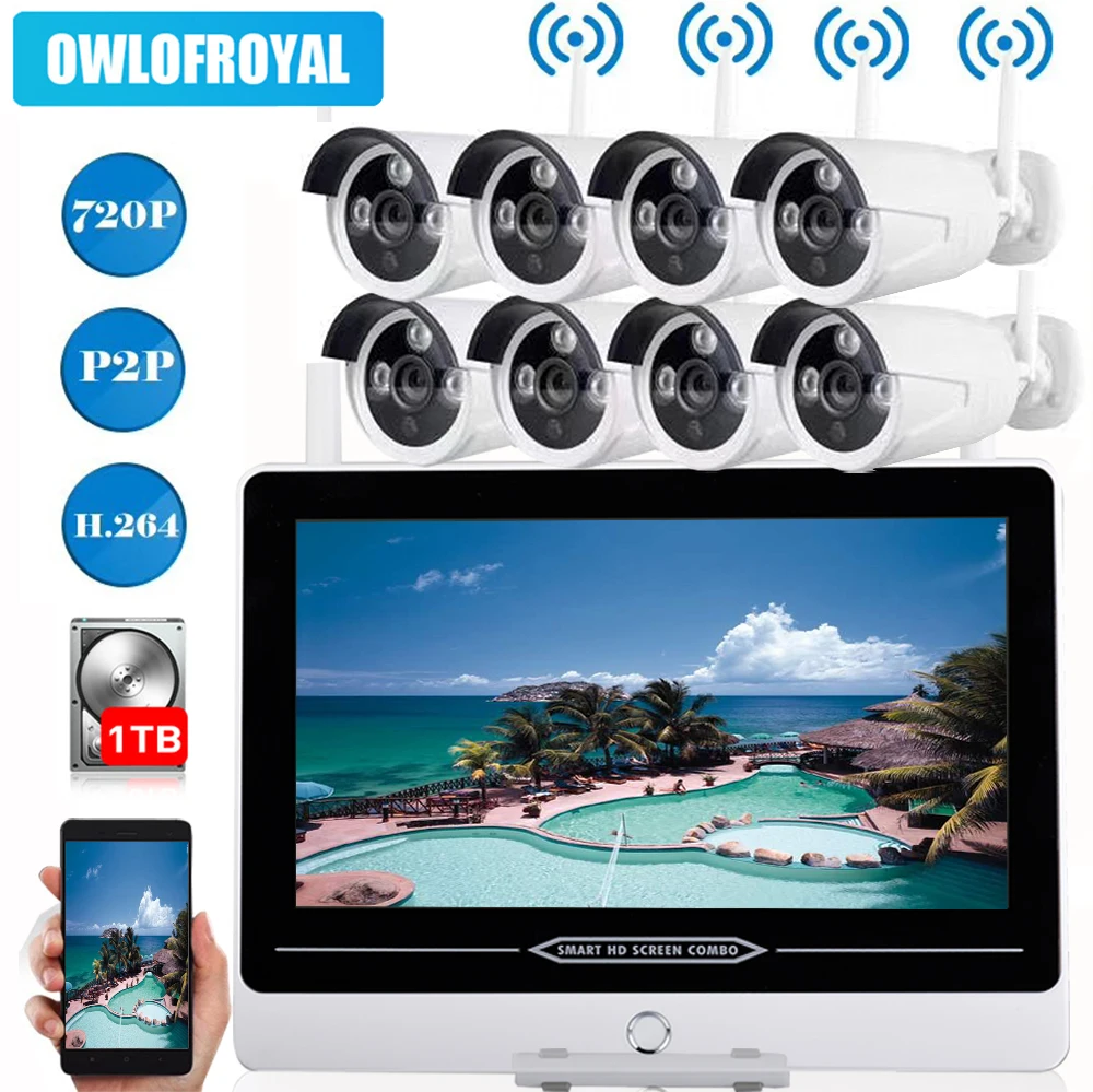 720P 13 &quotLCD Беспроводная CCTV система 1MP 8CH NVR комплект IP IR CUT наружная камера