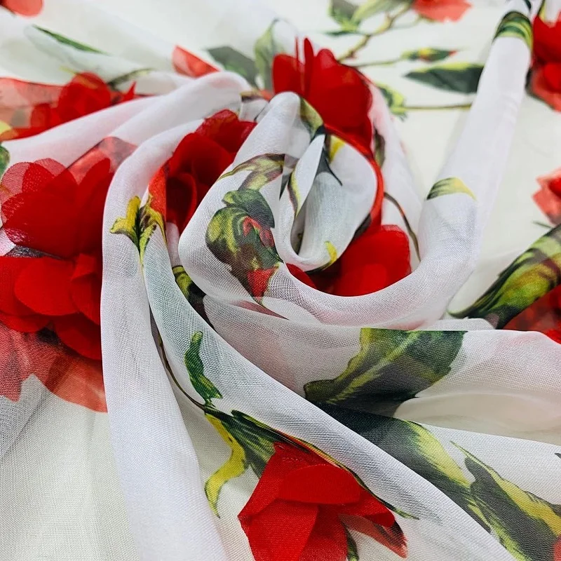 Высокое качество poppy red flower 3d печать Корейская шифоновая ткань, pes, ткань для шитья красивых платьев, швейная одежда MA