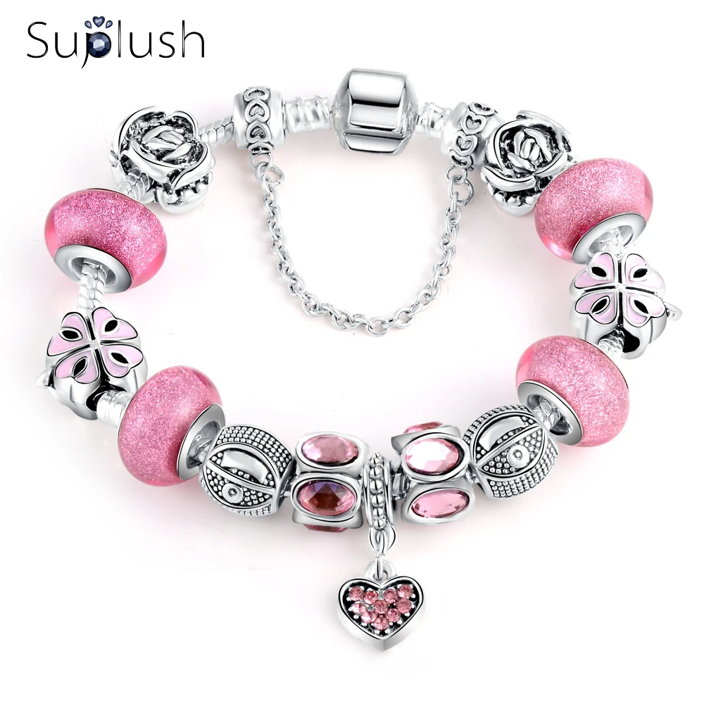 Suplush Шарм браслет с сердцем кулон и цветок розовый муранские стеклянные бусины