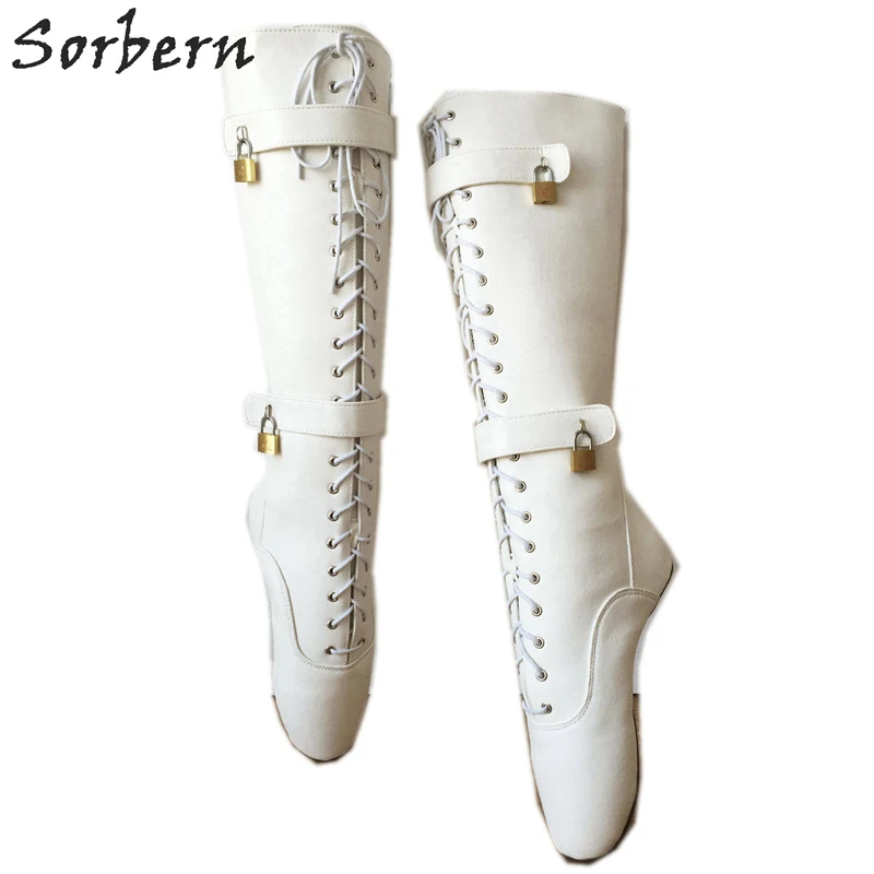 White Sorbern/Сапоги до середины икры на шнуровке с замочком; женские балетки на каблуке; Фетиш-сапоги с 4 висячими замками; белые матовые цвета на заказ; большие размеры - Цвет: White
