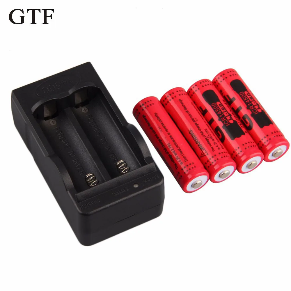 GTF 4pcs 14500 2800mAh 3.7V Lithium Ion Battery For flashlight toy red/ yellow/ blue color batteries + 14500 Li-ion charger