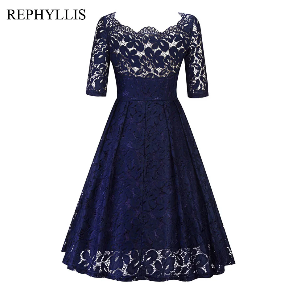 REPHYLLIS Для женщин цветочные кружева 1/2 рукав сексуальная Slash шеи спинки Vestidos