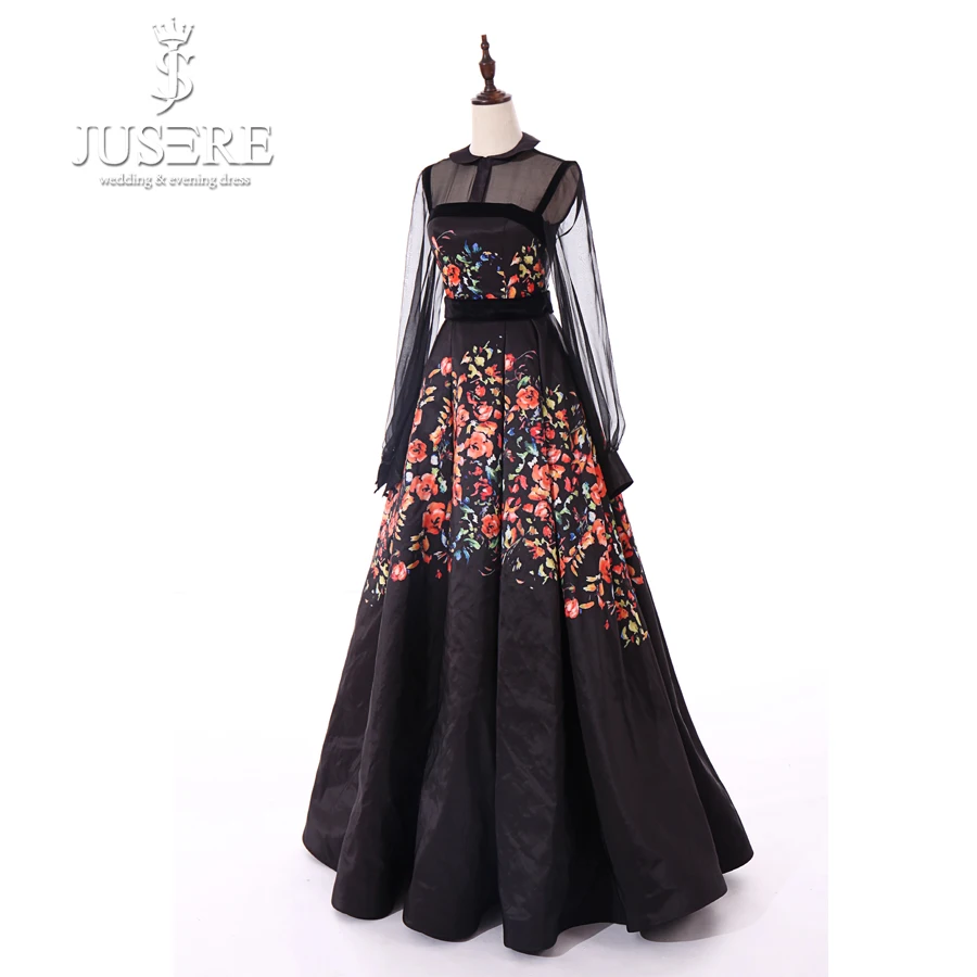 Robe De Soiree JUSERE Black Evening Dress Long Embroidery Jewel Neck Sleeve See Through Floor Length Evening Dresses Vestidos
