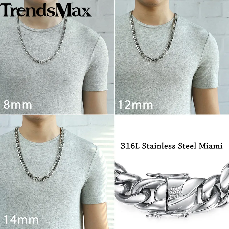 Trendsmax Майами Снаряженная Кубинский Мужская Цепочки и ожерелья цепи 316L Нержавеющая сталь в стиле «хип-хоп» цвет серебристый, Золотой Цвет 8/12/14 мм KHNM19