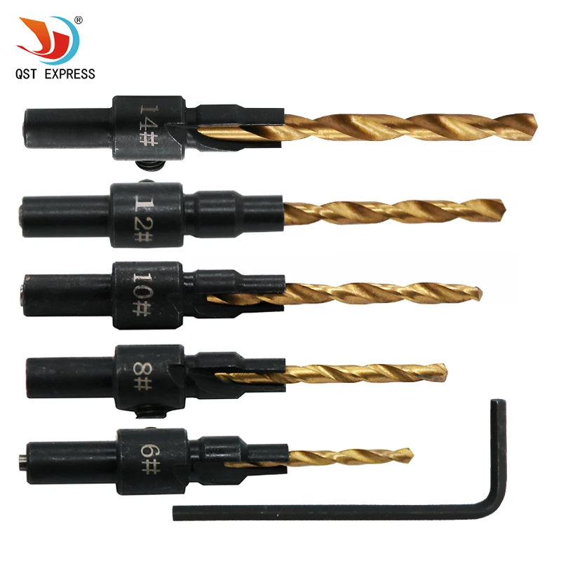 5pcs/set Countersink Drill Woodworking Bit Set Drilling Pilot Holes For Screw Sizes #6 #8 #10 #12 And #14+1pc wrench