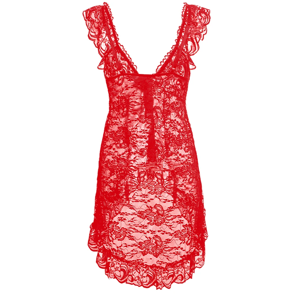 Для женщин пикантные Ruffled Sheer Кружево платье с бантом + стринги Babydoll Комплект
