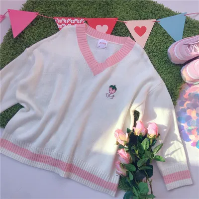 Strawberry sweater Осень-зима, Женский пуловер, Студенческая форма, персиковый, клубничный, с вышивкой, белый вязаный жилет, свитер с v-образным вырезом - Цвет: Strawberry sweater