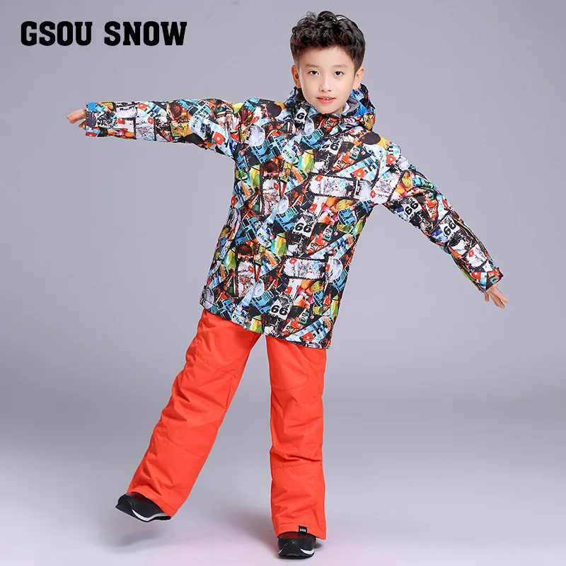 

GSOU SNOW Brand Boys Ski Jacket Pant Skiing Snowboard Suit Windproof Waterproof Kids Children Clothing Trouser Super Warm Suit
