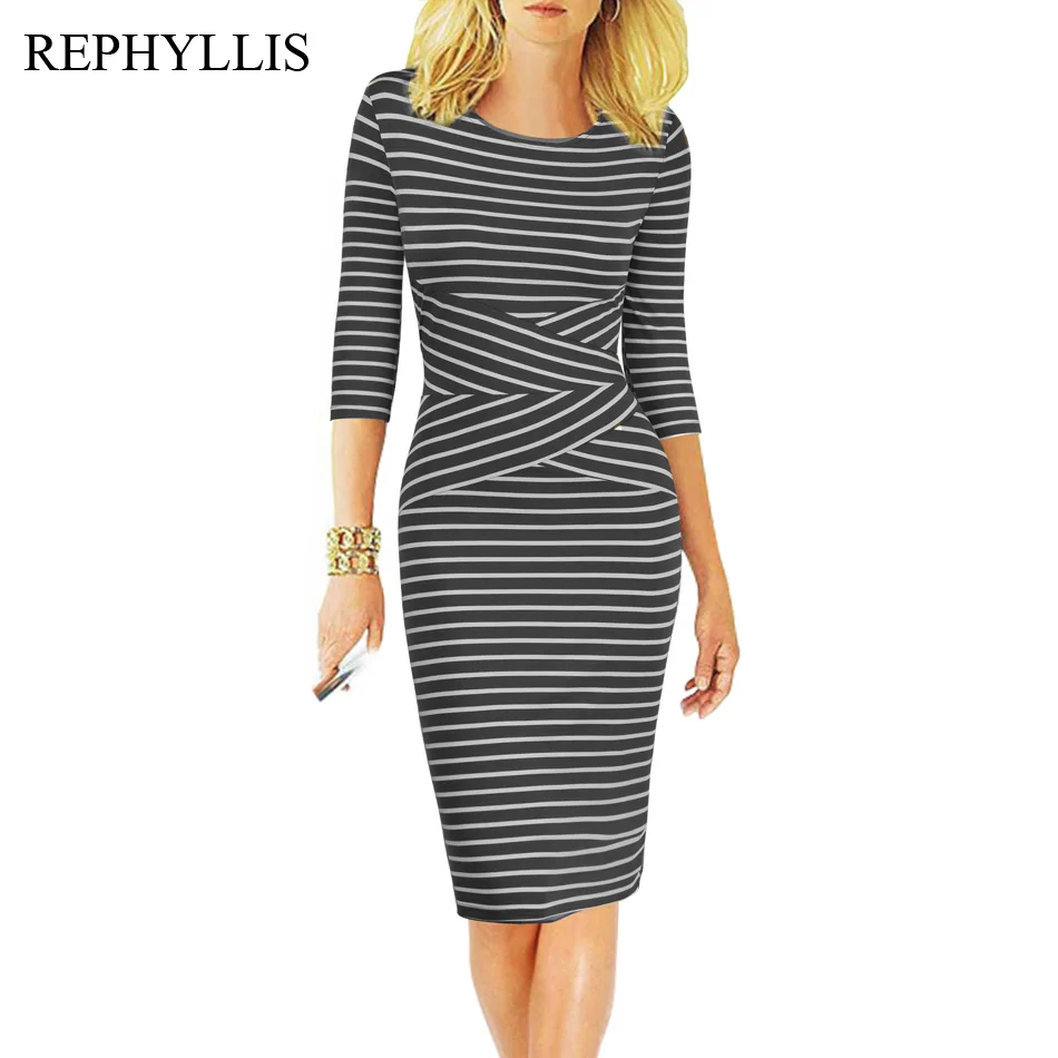 Black Strips REPHYLLIS, женское Полосатое летнее платье с рукавом 3/4, для работы, бизнес, коктейльное, вечерние, для офиса, повседневное, облегающее, сексуальное платье - Цвет: Black Strips