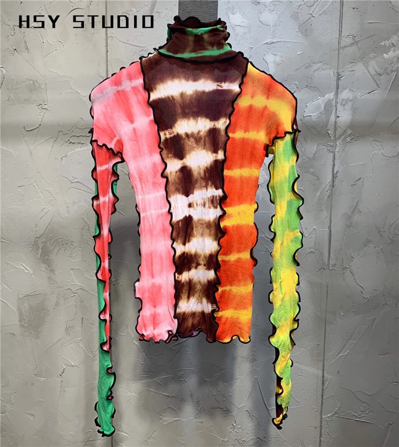 【HSY studo】 Осенняя Новая модная Приталенная футболка в стиле пэчворк три цвета Женская Базовая рубашка с длинным рукавом с высоким воротом Женская футболка для тела