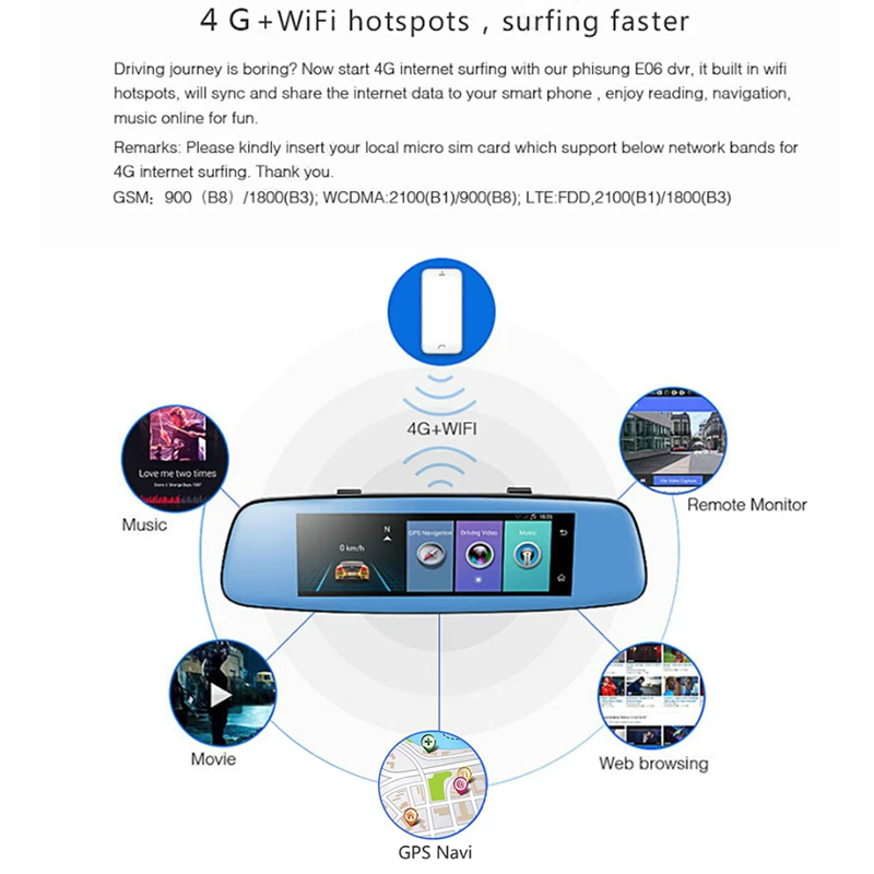 8 &quot4G Android ADAS DVRs с двойным объективом сенсорный экран зеркало заднего вида