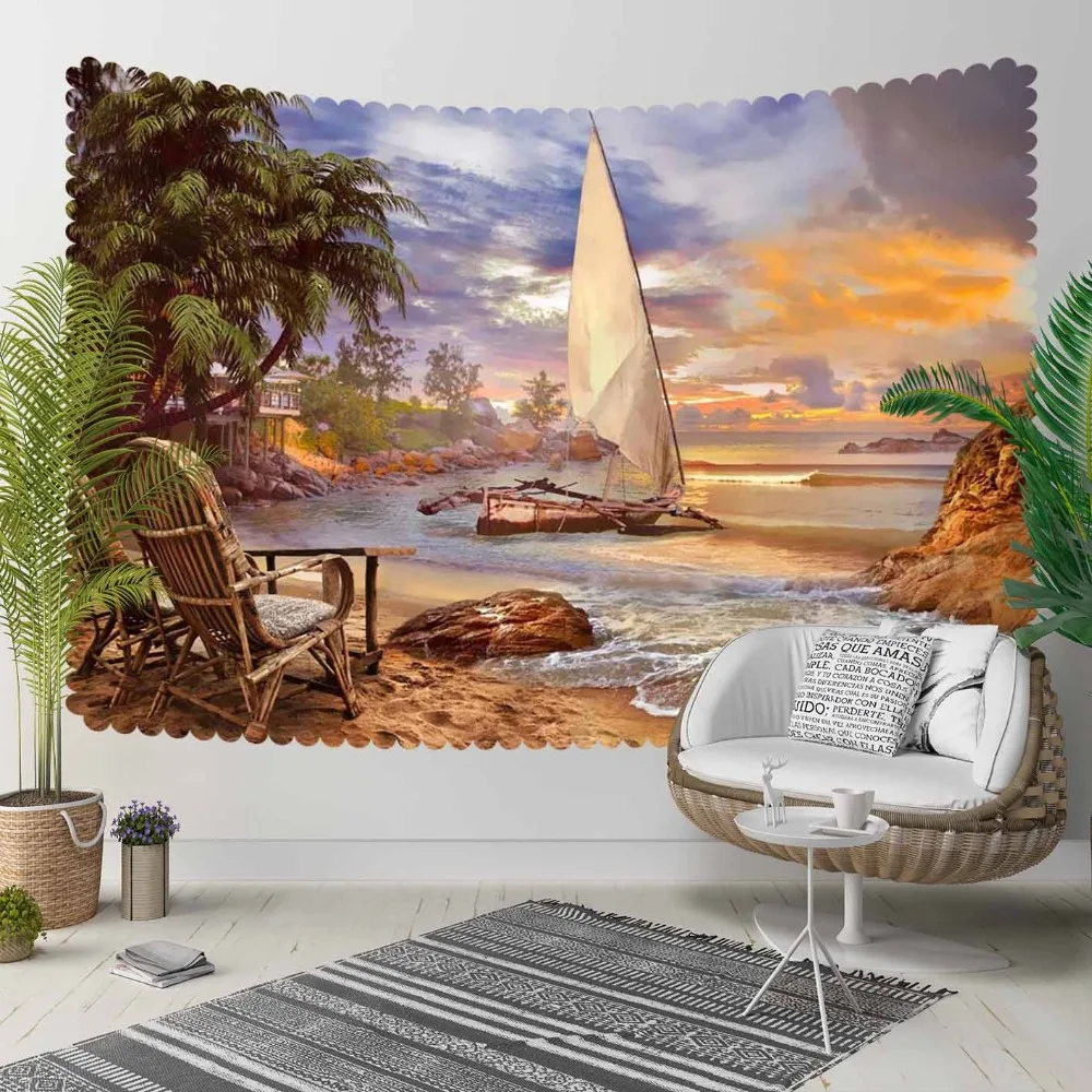 

Else Tropical Beach Sand Sea Ship Green Palm Trees 3D Print Decorative Hippi Bohemian Wall Hanging Landscape Tapestry Wall Art